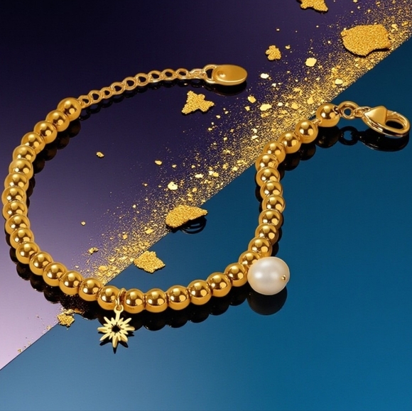 18K Gold Plated Stainless Steel Beaded Bracelet with Sun & Pearl Charms ✨ - Picture 12 of 12